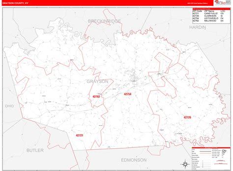 Grayson County, KY Zip Code Wall Map Red Line Style by MarketMAPS ...