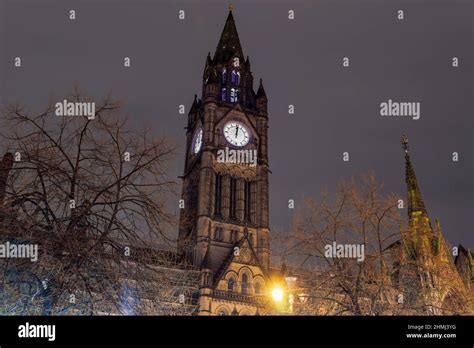 Manchester, UK night view of City Council iconic tower at midnight ...