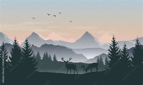 Vector landscape with silhouettes of mountains, trees and two deer with ...