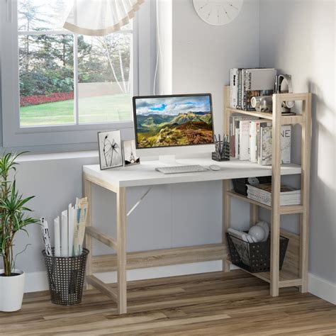 HOMCOM Rectangle Desk with 3-Tier Book Shelf Wide Display Table for ...