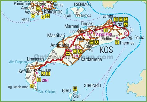 kos karta grekland Sightseeing ontheworldmap - Europa Karta