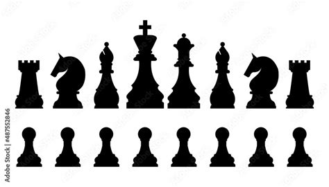 Chess pieces in outline and silhouette style. Set for a board game of ...