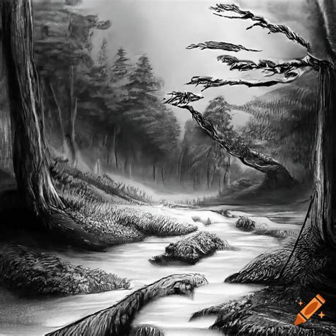 Detailed pencil drawing of a river in a forest on Craiyon