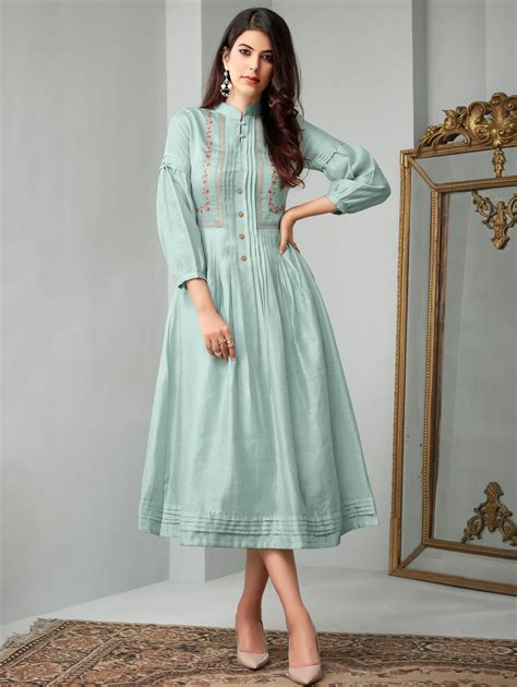 Powder Blue Slub Cotton Frock Style Pleated Kurti with Floral ...