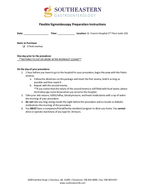 Fillable Online Flexible Sigmoidoscopy Preparation Procedure Date ...