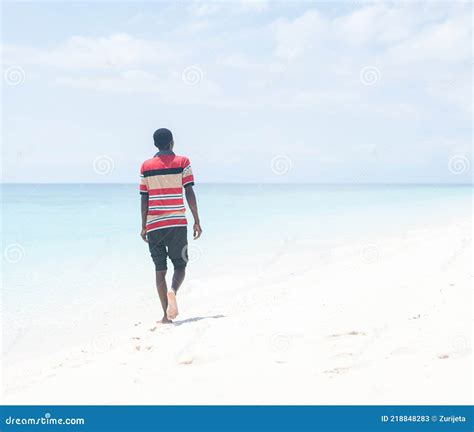 Black African Young Man Walking on Tropical Beach Stock Image - Image ...