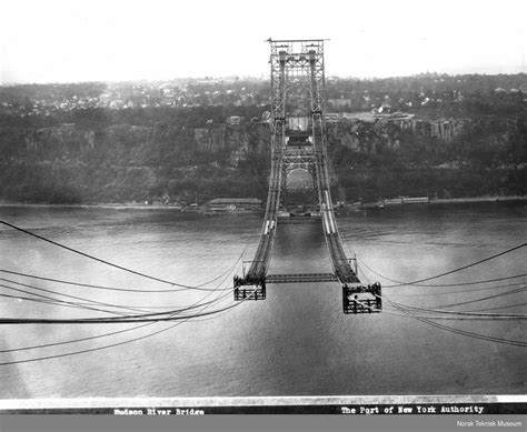 Hudson River Bridge. Erection of main span footbridge from New York ...