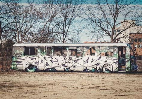 Large Abandoned Bus with Painted Street Art and Graffiti Editorial ...