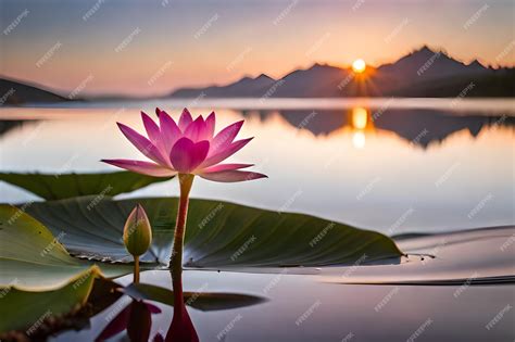 Premium AI Image | pink lotus flower on a lake at sunset