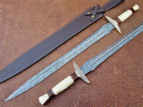 Handmade Damascus Steel Sword, Rosewood camel bone brass