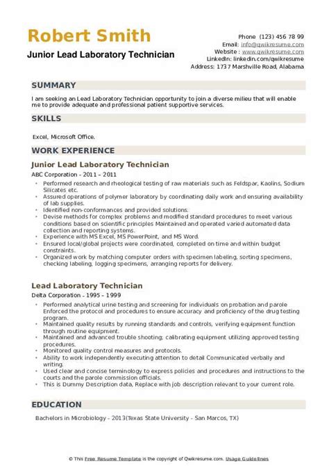 Laboratory Technician Resume Sample