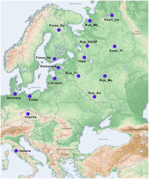 Geographic locations of the populations analyzed. Key: Komi_Izh ...