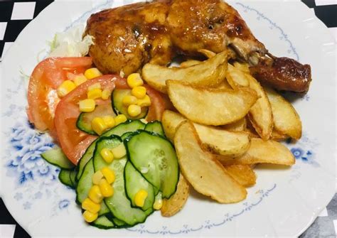 Pierna de pollo al horno con papas fritas y ensalada!! Receta de yenit ...