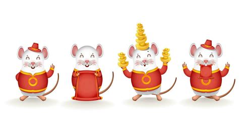 Set of rat cartoon character holding chinese gold with blank scroll ...