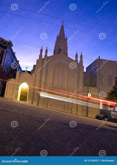 Church at night stock image. Image of entrance, glow - 12130337