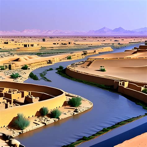 ancient city beside a desert and a river, the sky is like a suns ...