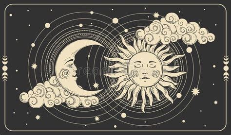 Sun and a crescent moon with a face on a black cosmic background. Tarot ...