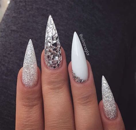 White and glitter stiletto nails - Nail Art Model | Stiletto nails ...