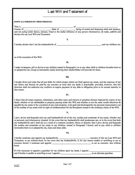 Free Printable Last Will And Testament