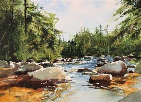 Mountain River Painting: Tranquil Watercolor Landscape