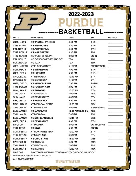 Printable 2022-2023 Purdue Boilermakers Basketball Schedule