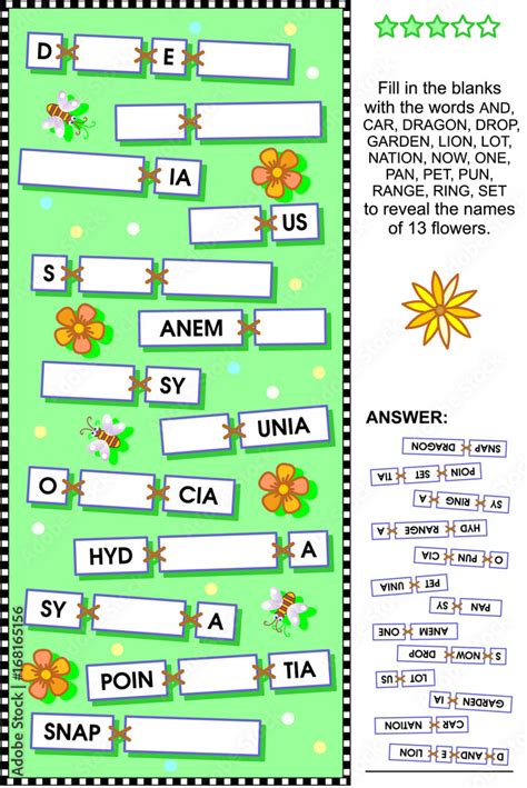 Word puzzle or word game: guess the names of various flowers. Answer ...