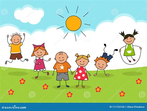 Happy Kids and Sunny Day. Illustration in Doodle and Cartoon Style ...