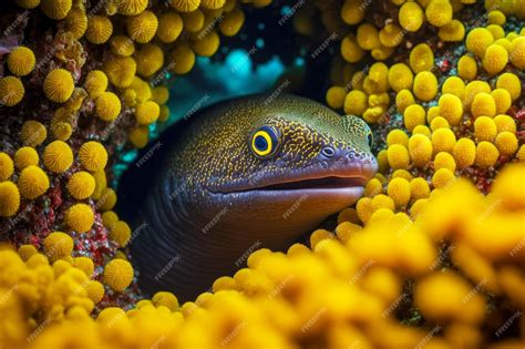 Premium Photo | Moray eel with bright yellow eyes peeking out from ...