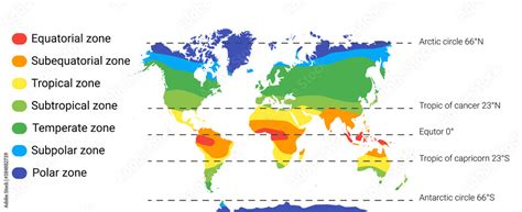 climate zones map. Vector with equatorial, tropical, polar, temperate ...