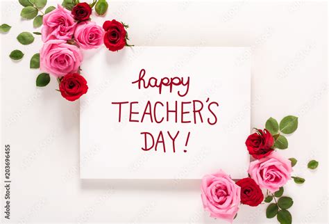 Teacher's Day message with roses and leaves top view flat lay Stock ...