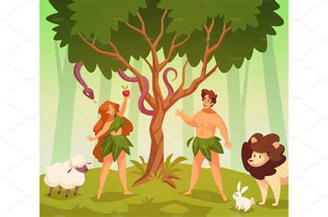 Adam and eve. Bible story scene | Animal Illustrations ~ Creative Market