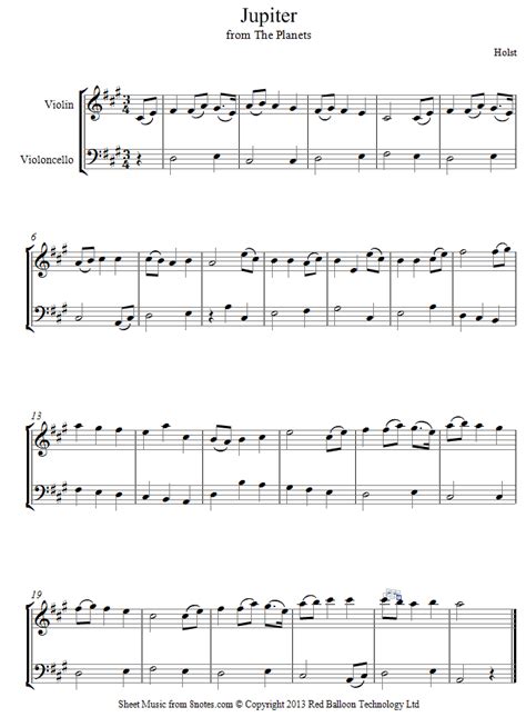 Holst - Jupiter from the Planets (theme) sheet music for Violin-Cello ...