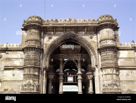 The ornately carved entrance of the Jama or Jami Masjid Ahmedabad India ...