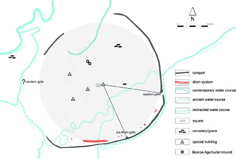 Schematic map of the oppidum of Manching featuring important landmarks ...