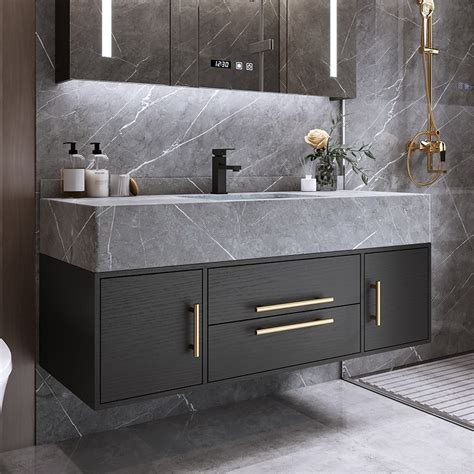 Modern 39" Floating Black Bathroom Vanity Sintered Stone Top Wall Mount ...