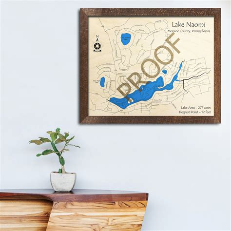 Lake Naomi, Pennsylvania 3D Wood Map | Laser-etched Nautical Wall Art