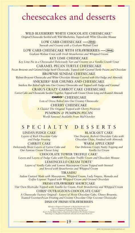 Menu at The Cheesecake Factory restaurant, Tulsa, East 71st St S