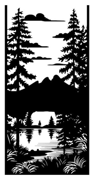 Premium Vector | Black and white silhouette of forest and mountains