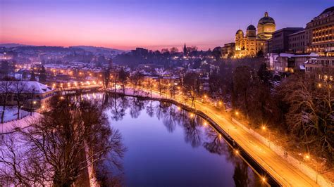 switzerland, Roads, Pond, Night, Street, Lights, Bern, Cities ...