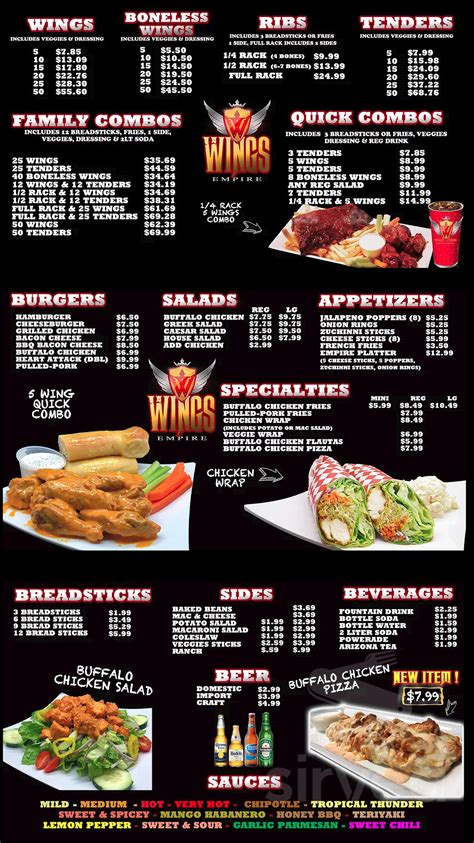 Wings Empire menu in Chula Vista, California, USA