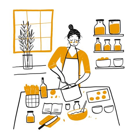 Joven mujer cocinando en la cocina. | Vector Premium