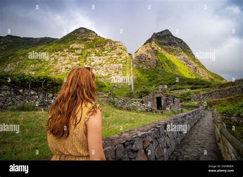 Amazing waterfall, Flores island, Azores, travel destination Stock ...