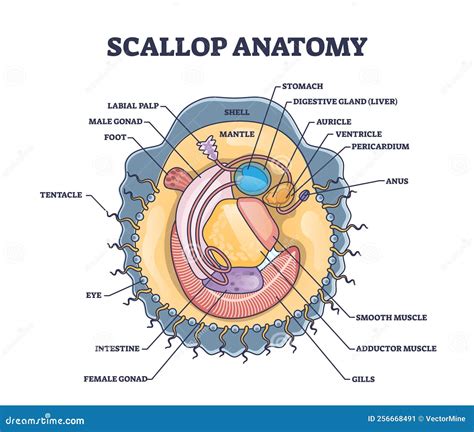 Scallop Anatomy with Marine Bivalve Mollusk Inner Structure Outline ...