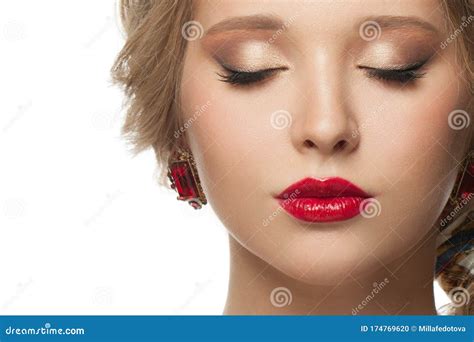 Beautiful Female Face Close Up Portrait Isolated. Eyes Closed, Beige ...