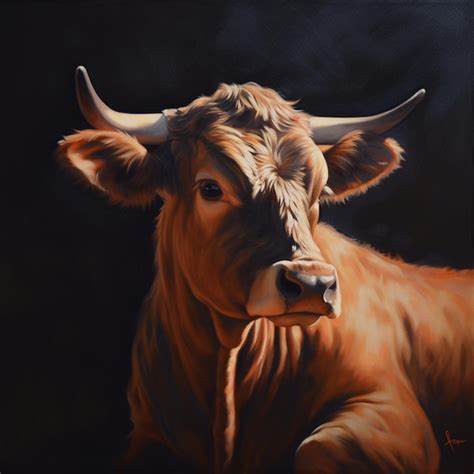 Premium AI Image | A painting of a cow with horns and a black background.