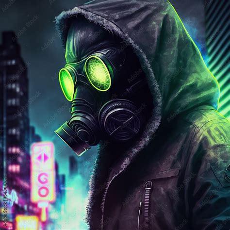 Hooded man in gas mask on cyberpunk city streets with buildings and ...