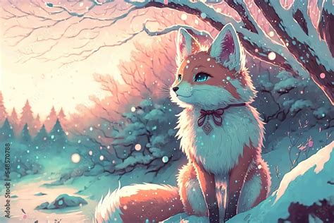 Anime fox in kawaii style, winter forest, pastel glow Stock ...