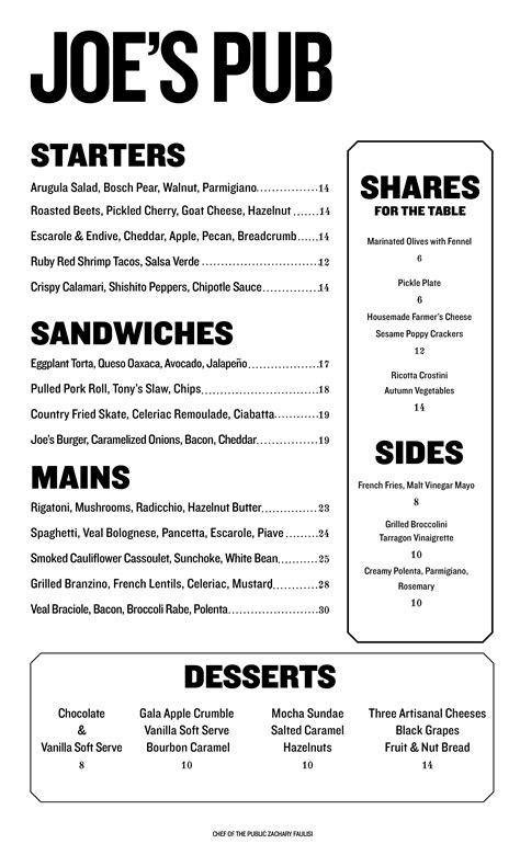 Menu at Joe's Pub, New York City, 425 Lafayette St