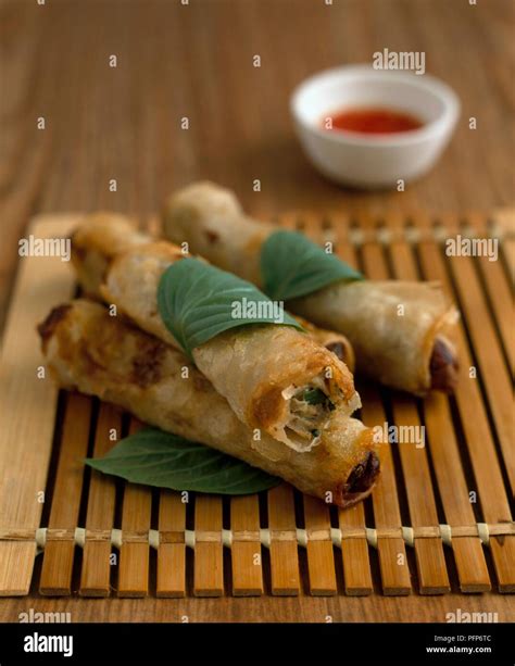 Cha Gio, Vietnamese chicken spring rolls with fresh mint leaves, and ...