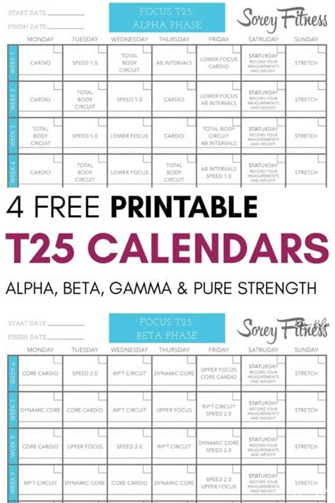 Free Printable T25 Calendar: Alpha, Beta & Gamma Schedules